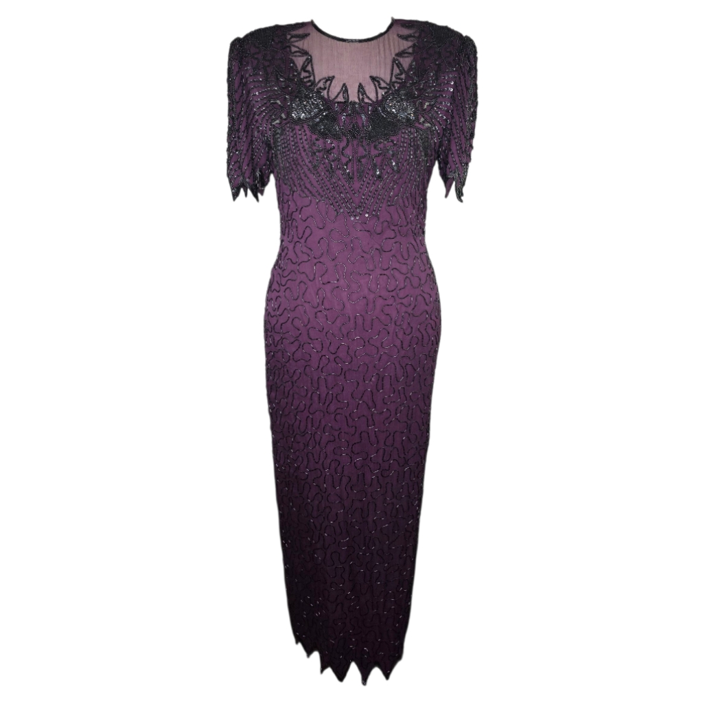 Vintage Scala Purple Silk Beaded Sequin Evening Gown Dress Size L